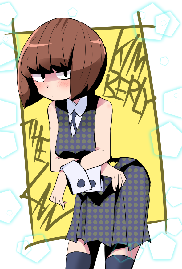 1girl bangs blunt_bangs blush breasts brown_hair character_name cowboy_shot dress hys-d kimberly_(little_witch_academia) leaning_forward little_witch_academia looking_at_viewer pentagon_(shape) polka_dot polka_dot_dress short_hair sleeveless solo thigh-highs zettai_ryouiki