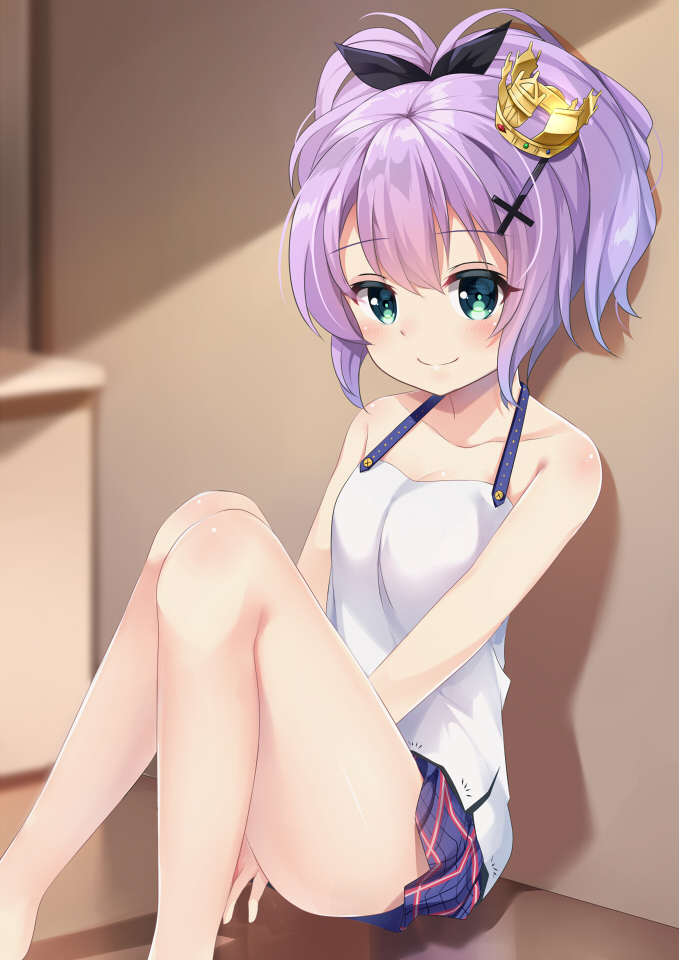 1girl agung_syaeful_anwar azur_lane bangs bare_arms bare_legs bare_shoulders barefoot black_ribbon blurry blurry_background blush breasts camisole closed_mouth collarbone commentary crown depth_of_field eyebrows_visible_through_hair feet_out_of_frame green_eyes hair_between_eyes hair_ornament hair_ribbon high_ponytail indoors javelin_(azur_lane) looking_at_viewer mini_crown pleated_skirt ponytail purple_hair putit ribbon sitting skirt small_breasts smile solo thighs tilted_headwear white_camisole