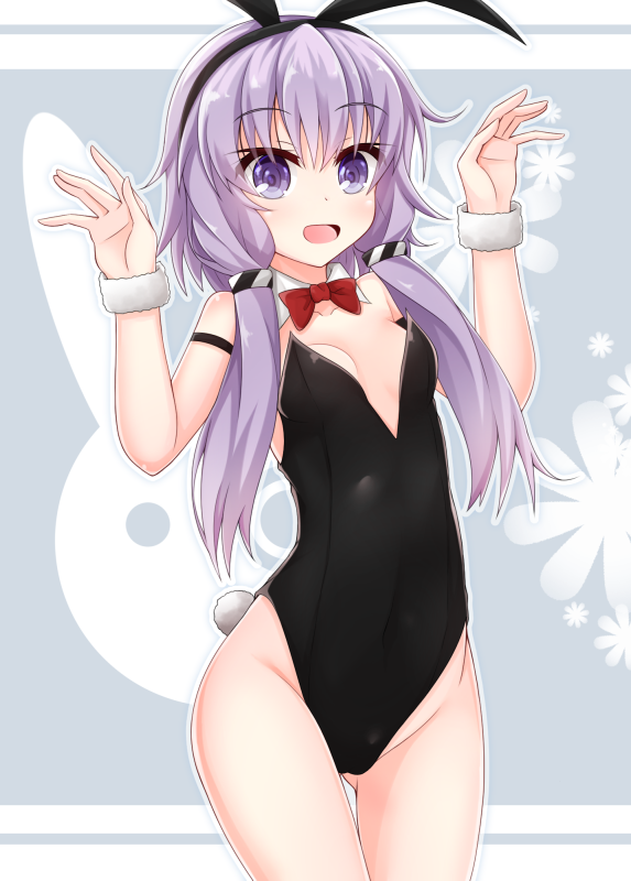 1girl aatsu animal_ears black_leotard bow bowtie breasts bunny_girl bunny_tail bunnysuit covered_navel cowboy_shot detached_collar grey_background leotard looking_at_viewer low_twintails purple_hair rabbit_ears red_neckwear short_hair_with_long_locks small_breasts solo strapless strapless_leotard tail twintails violet_eyes voiceroid wrist_cuffs yuzuki_yukari