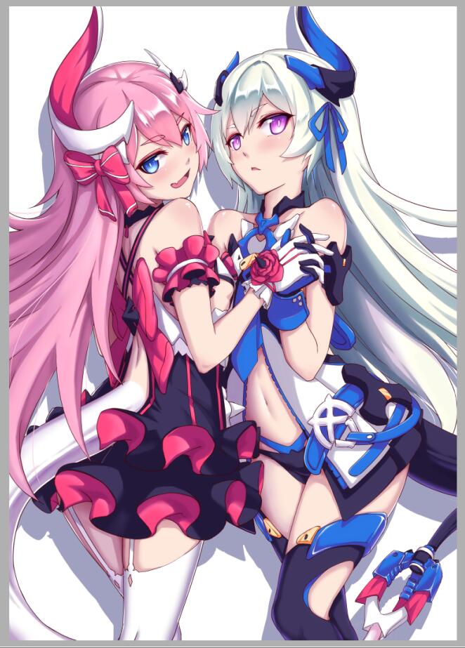 2girls bare_shoulders black_gloves blue_eyes blue_ribbon boots bow choker dress fang frilled_dress frills gloves hair_bow hair_ornament hair_ribbon hairclip hand_holding honkai_(series) honkai_impact_3 liliya_olyenyey long_hair looking_at_viewer mechanical_tail midriff_cutout multiple_girls open_clothes open_dress open_mouth pink_hair pink_ribbon ribbon rozaliya_olyenyey siblings smile tail thigh-highs thigh_boots twins violet_eyes white_legwear