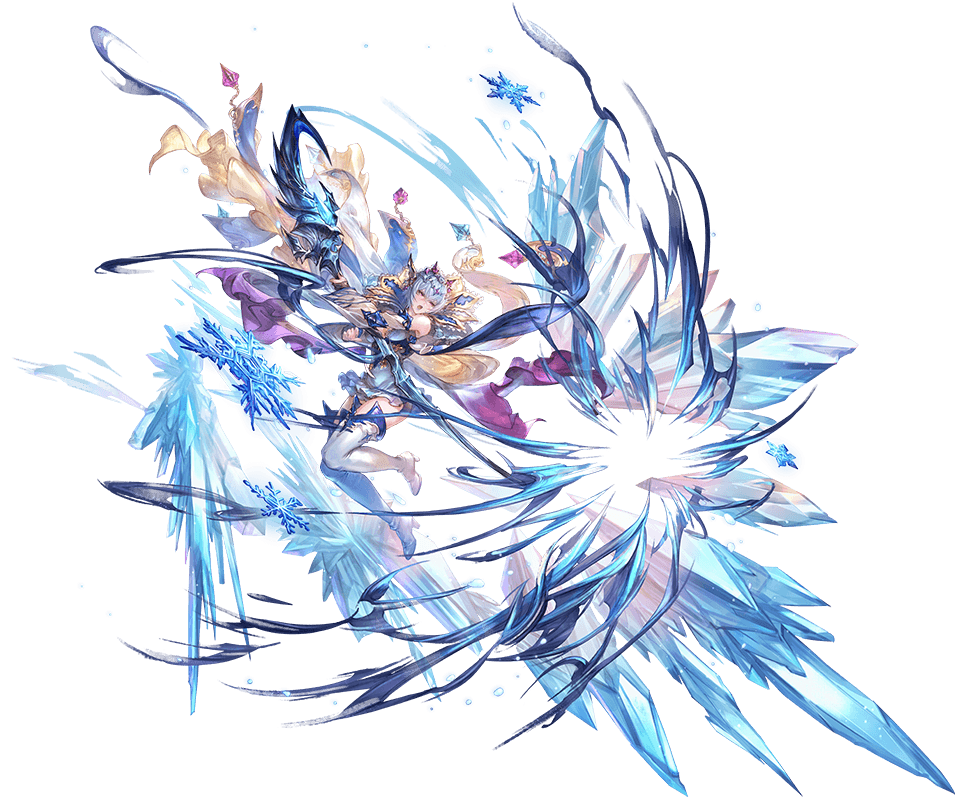 1girl bangs bare_shoulders blue_hair boots cape dress full_body granblue_fantasy hair_ornament holding ice macula_marius minaba_hideo official_art open_mouth short_dress short_hair snowflakes solo staff thigh-highs thigh_boots transparent_background violet_eyes wide_sleeves zettai_ryouiki