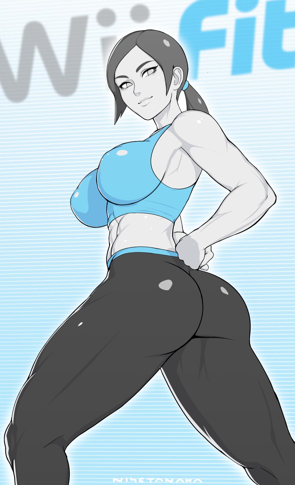 1girl abs arms_behind_back artist_name ass bare_shoulders black_hair black_legwear breasts erect_nipples grey_eyes highres large_breasts leggings legs looking_back midriff muscle muscular_female nintendo nisetanaka pale_skin ponytail sideboob smile solo sports_bra thighs toned white_skin wii_fit wii_fit_trainer