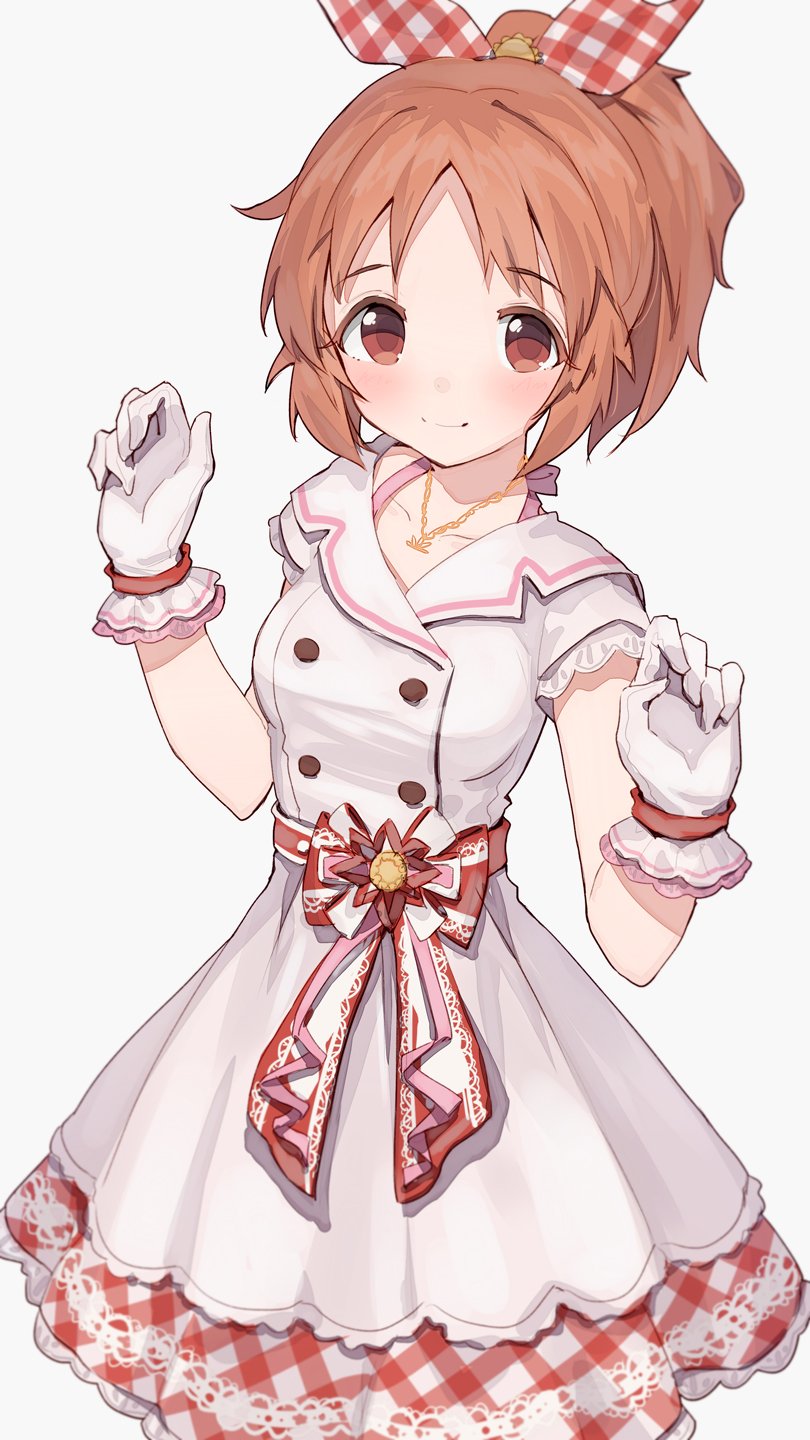 1girl abe_nana blush bow breasts brown_eyes brown_hair closed_mouth collarbone dress eyebrows_visible_through_hair gloves hair_bow highres idolmaster idolmaster_cinderella_girls idolmaster_cinderella_girls_starlight_stage jewelry looking_at_viewer medium_breasts necklace shone short_hair short_ponytail simple_background smile solo white_background white_dress white_gloves