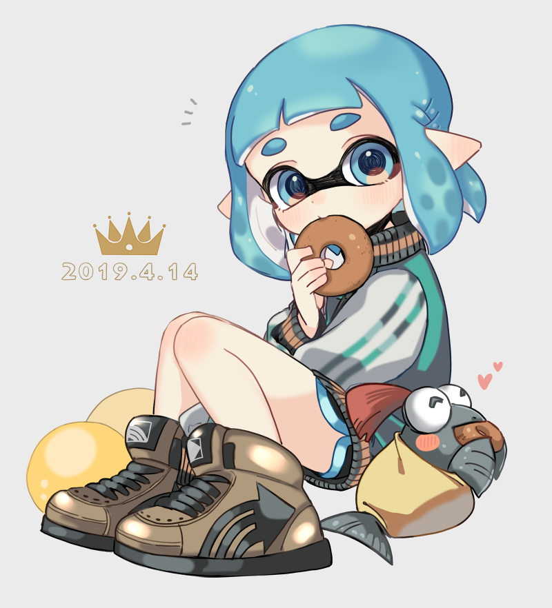 1girl 2019 ^_^ black_shorts blue_eyes blue_hair blush brown_footwear closed_eyes closed_eyes dated domino_mask doughnut eating food full_body heart holding holding_food inkling long_sleeves looking_at_viewer maco_spl mask pointy_ears salmonid shoes short_hair shorts smallfry_(splatoon) splatoon splatoon_(series) splatoon_2 tentacle_hair