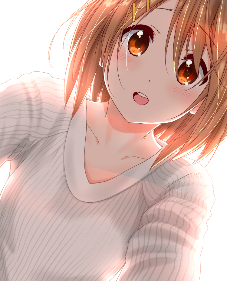 1girl backlighting blush brown_eyes brown_hair casual collarbone dutch_angle hair_ornament hairclip happy hirasawa_yui k-on! looking_at_viewer open_mouth short_hair simple_background smile solo sweater white_background