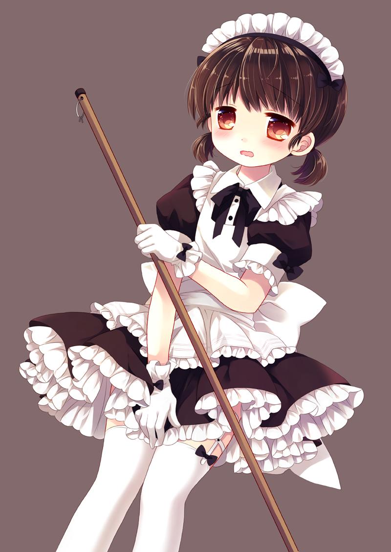 1girl apron bangs black_bow black_dress blush bow brown_background brown_eyes brown_hair commentary_request covering covering_crotch dress dutch_angle eyebrows_visible_through_hair frilled_apron frilled_dress frills garter_straps gloves holding low_twintails maid maid_apron maid_headdress open_mouth original pleated_dress puffy_short_sleeves puffy_sleeves sakurazawa_izumi short_sleeves short_twintails simple_background solo thigh-highs twintails wavy_mouth white_apron white_gloves white_legwear