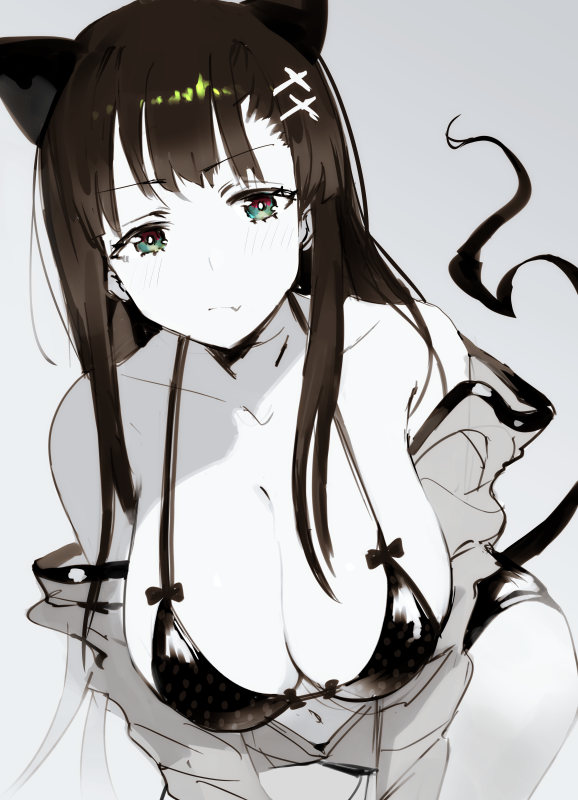 1girl animal_ears bare_shoulders black_hair blush bra breasts cat_ears cleavage eyebrows_visible_through_hair fang green_eyes hair_ornament hairpin hanging_breasts large_breasts leaning_forward long_hair looking_at_viewer monochrome off_shoulder original simple_background sketch solo toridamono underwear