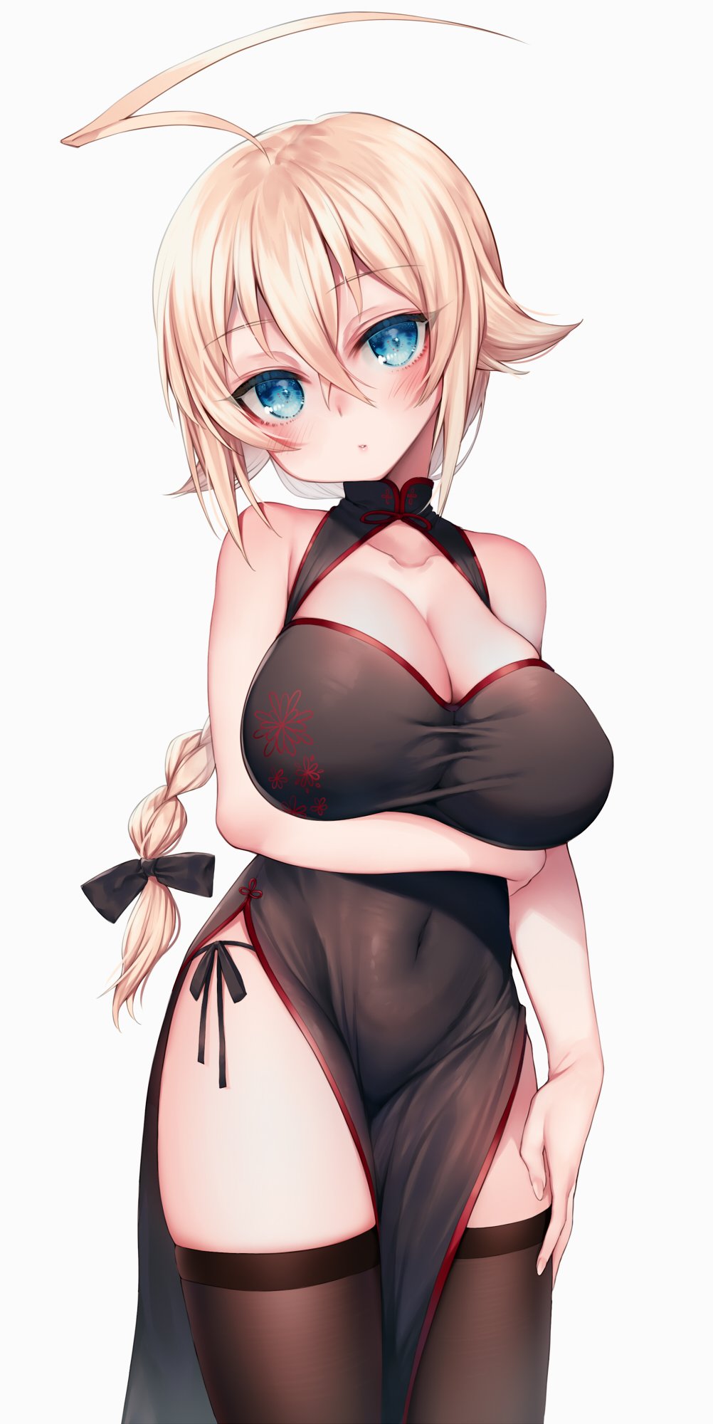1girl ahoge arm_under_breasts black_dress black_legwear blazblue blonde_hair blue_eyes bow braid breast_hold breasts china_dress chinese_clothes cleavage cleavage_cutout commentary_request covered_navel cowboy_shot cropped_legs dress es_(xblaze) eyebrows_visible_through_hair grey_background hair_between_eyes hair_bow head_tilt highres himegi_you large_breasts long_hair panties pelvic_curtain side-tie_panties side_slit simple_background single_braid sketch solo thigh-highs underwear xblaze xblaze_code:_embryo