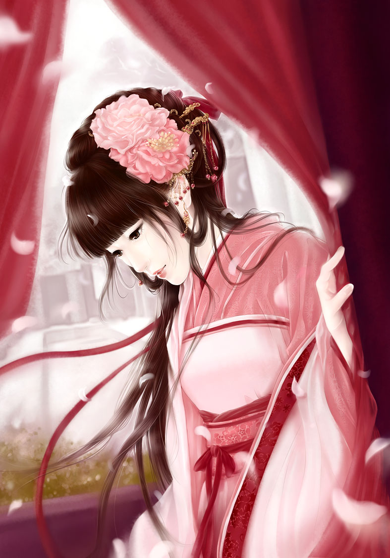 1girl bangs blunt_bangs brown_hair chinese_clothes curtains earrings flower hair_flower hair_ornament hair_ribbon hair_rings hanfu indoors jewelry long_hair looking_down original petals red_ribbon ribbon shawl solo standing very_long_hair wide_sleeves wistaria99