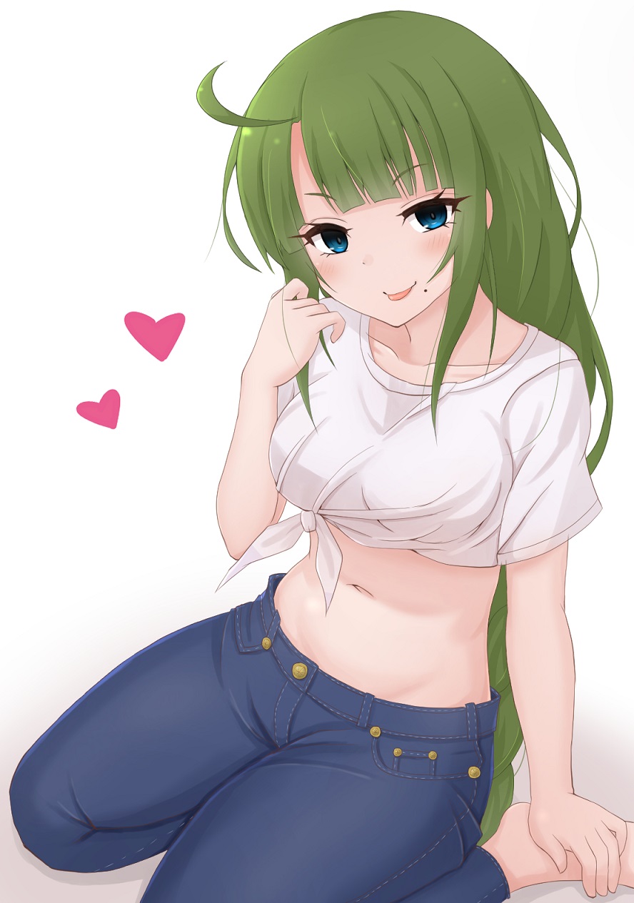 1girl :p ahoge alternate_costume bangs barefoot blue_eyes blue_pants blush breasts casual collarbone crop_top denim denim_pants front-tie_top frozenpile green_hair hand_up heart highres kantai_collection long_hair looking_at_viewer medium_breasts midriff mole mole_under_mouth navel pants shadow shirt short_sleeves sidelocks simple_background sitting smile solo stomach tongue tongue_out v-shaped_eyebrows very_long_hair white_background white_shirt yuugumo_(kantai_collection)