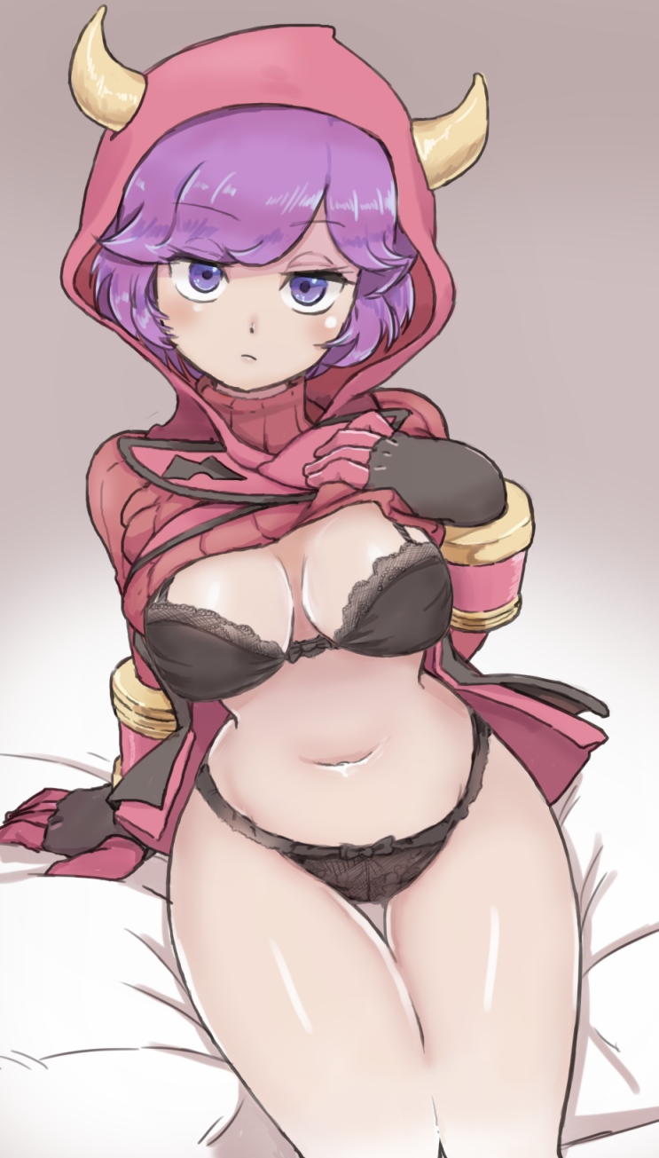 1girl black_bra black_panties bra breasts cleavage creatures_(company) cue_(seihattou) eyebrows_visible_through_hair fake_horns game_freak half-closed_eyes highres hood kagari_(pokemon) lifted_by_self looking_at_viewer medium_breasts navel nintendo panties pokemon pokemon_(game) pokemon_oras purple_hair ribbed_sweater shirt_lift short_hair solo sweater team_magma underwear violet_eyes