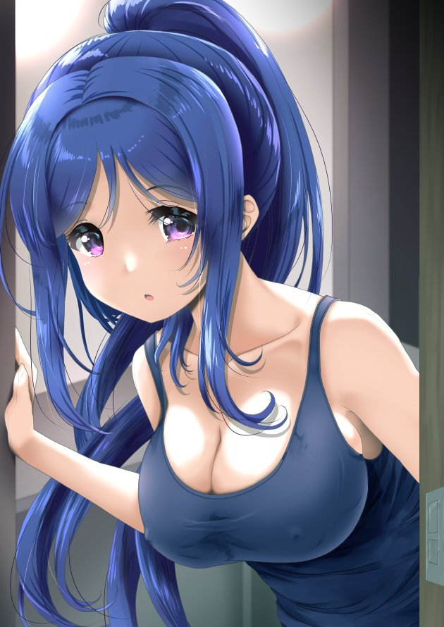 1girl bare_shoulders blue_hair blue_tank_top breasts cleavage collarbone commentary_request doorway erect_nipples frapowa high_ponytail indoors large_breasts leaning_forward long_hair love_live! love_live!_sunshine!! matsuura_kanan open_mouth ponytail sidelocks violet_eyes