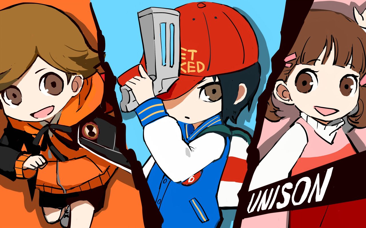 1girl 2boys amada_ken baseball_cap black_hair brown_eyes brown_hair doujima_nanako dress gun hat hatomugi_gohan hood hoodie jacket letterman_jacket multiple_boys oda_shinya parody persona persona_3 persona_4 persona_5 persona_q2:_new_cinema_labyrinth persona_q_(series) red_headwear short_twintails smile split_screen striped striped_dress twintails weapon