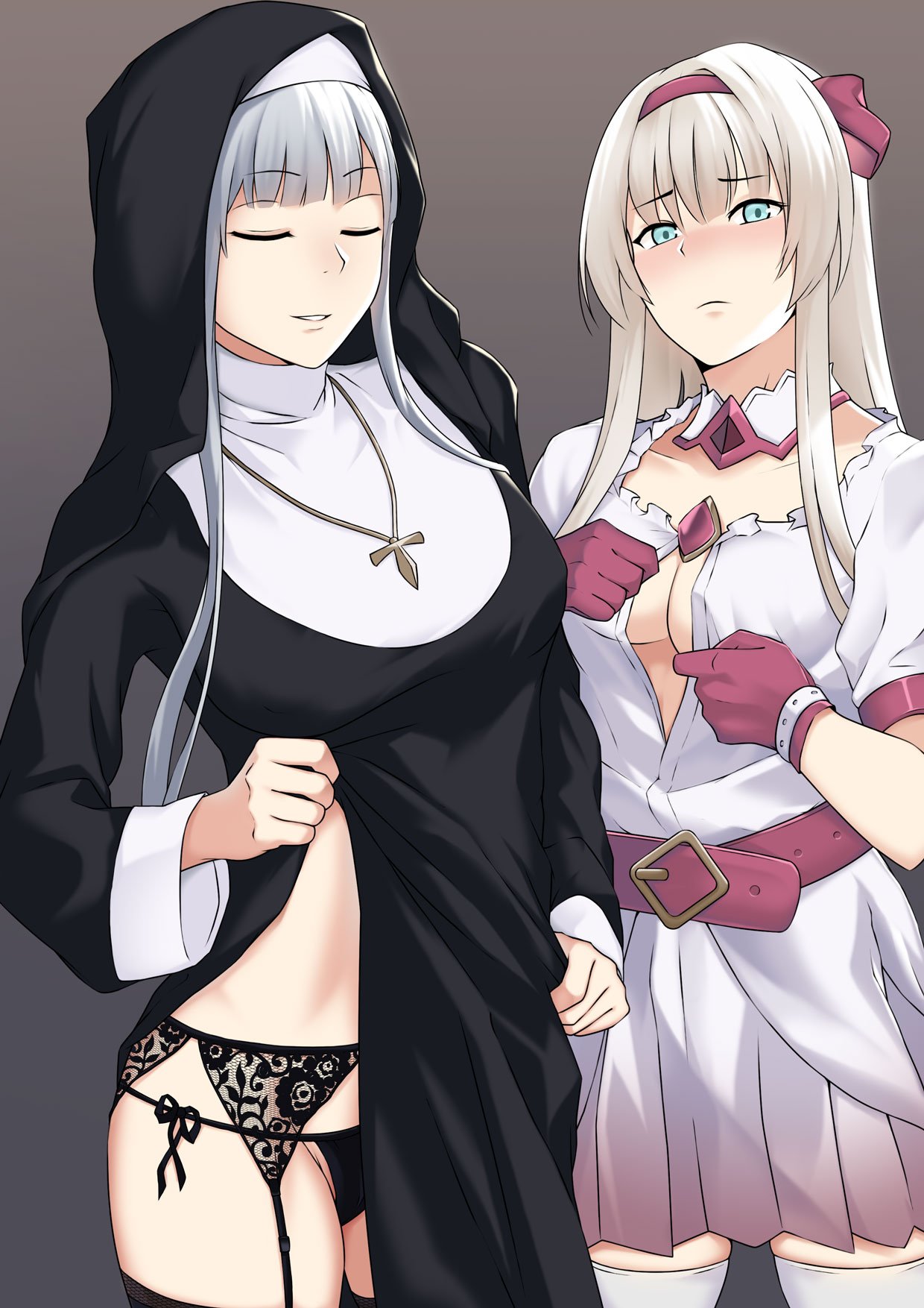 2girls ak-12_(girls_frontline) an-94_(girls_frontline) aqua_eyes bangs belt black_legwear blush breasts bushidokuroi closed_eyes closed_mouth collarbone cowboy_shot cross cross_necklace detached_collar dress dress_lift eyebrows_visible_through_hair garter_belt garter_straps girls_frontline gloves groin habit hairband highres jewelry lifted_by_self long_hair looking_at_viewer medium_breasts multiple_girls necklace nun panties pink_gloves pink_hairband pleated_skirt side-tie_panties sidelocks silver_hair simple_background skirt smile take_your_pick thigh-highs unbuttoning underwear very_long_hair white_legwear