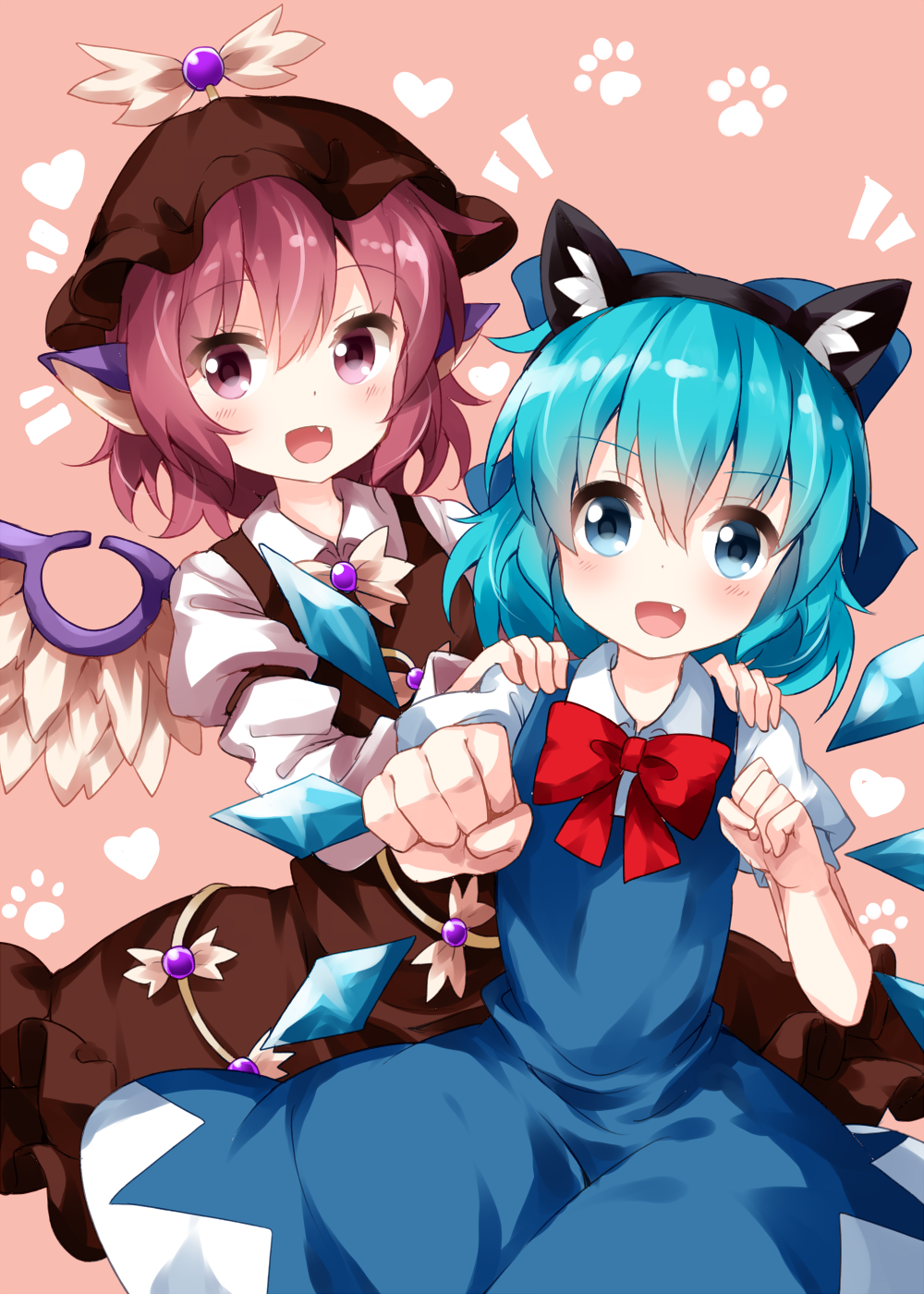 2girls :d animal_ears armband arms_up bird_wings blue_dress blue_eyes blue_hair blush bow bowtie brown_dress brown_headwear cat_ears cirno clenched_hands cowboy_shot dress eyebrows_visible_through_hair fake_animal_ears fang feathered_wings foreshortening hair_between_eyes hair_bow hands_on_another's_shoulders hat head_tilt heart highres leaning_to_the_side long_sleeves looking_at_viewer multiple_girls mystia_lorelei open_mouth outstretched_hand paw_print pinafore_dress pink_background pink_hair puffy_short_sleeves puffy_sleeves red_neckwear ruu_(tksymkw) shirt short_hair short_sleeves simple_background smile touhou violet_eyes white_neckwear white_shirt wings