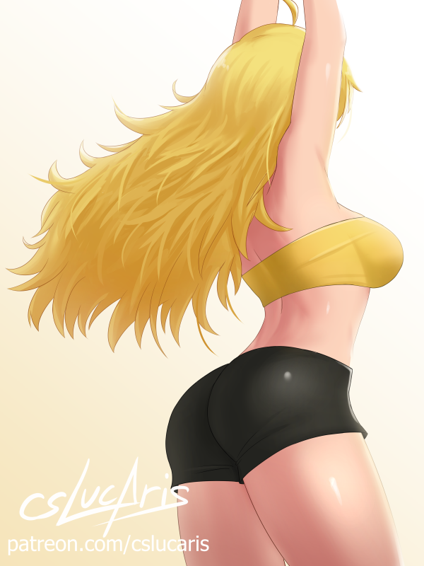 1girl arms_up artist_name ass back bare_shoulders bike_shorts black_shorts blonde_hair breasts cowboy_shot cslucaris facing_away from_behind gradient gradient_background large_breasts long_hair patreon_username pink_background rwby shorts signature solo strapless thighs tubetop watermark web_address yang_xiao_long