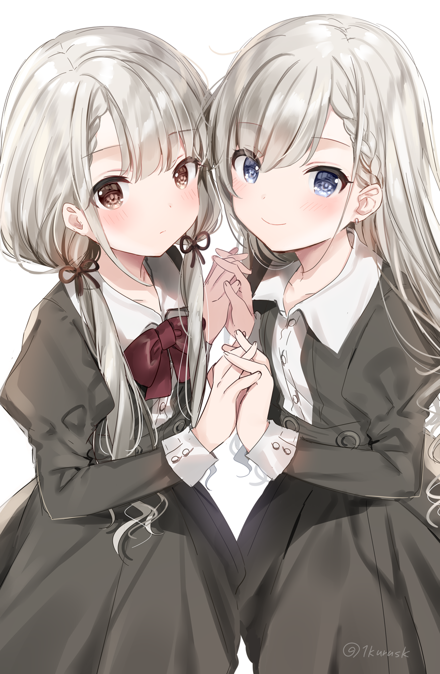 2girls bangs black_jacket black_skirt blue_eyes blush bow braid brown_eyes brown_ribbon closed_mouth collared_shirt commentary dress_shirt earrings eyebrows_visible_through_hair fingernails grey_hair hair_between_eyes hair_ribbon hand_holding hands_up highres hisakawa_hayate hisakawa_nagi idolmaster idolmaster_cinderella_girls idolmaster_cinderella_girls_starlight_stage interlocked_fingers jacket jewelry juliet_sleeves long_hair long_sleeves looking_at_viewer mafuyu_(chibi21) multiple_girls open_clothes open_jacket pleated_skirt puffy_sleeves red_bow ribbon shirt siblings simple_background sisters skirt smile twins twitter_username very_long_hair white_background white_shirt