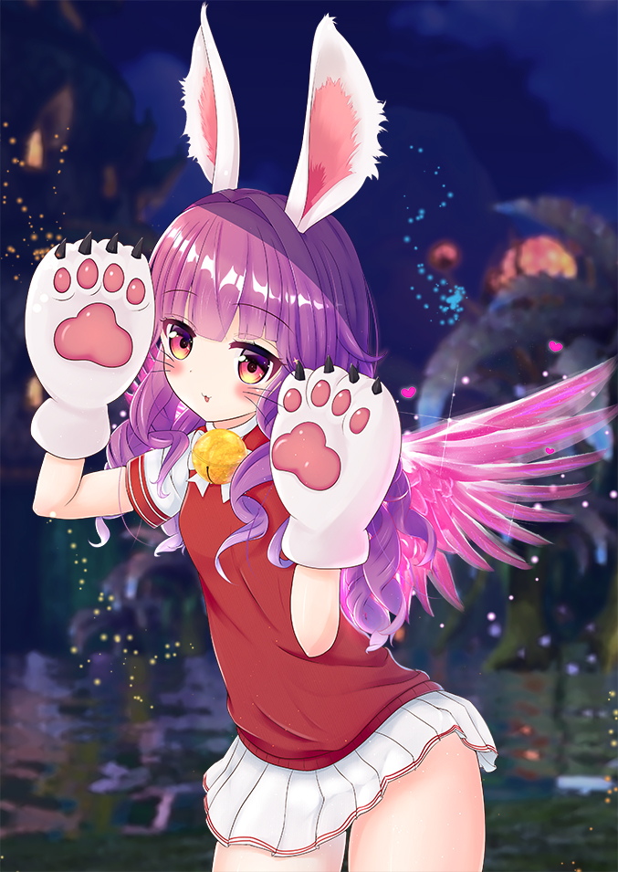 1girl animal_ears arms_up bell blush elin_(tera) feathered_wings gloves jingle_bell long_hair miniskirt outdoors paw_gloves paws pink_wings purple_hair rabbit_ears red_sweater shirt short_sleeves skirt solo sweater sweater_vest tera_online violet_eyes whiskers white_gloves white_shirt white_skirt wings