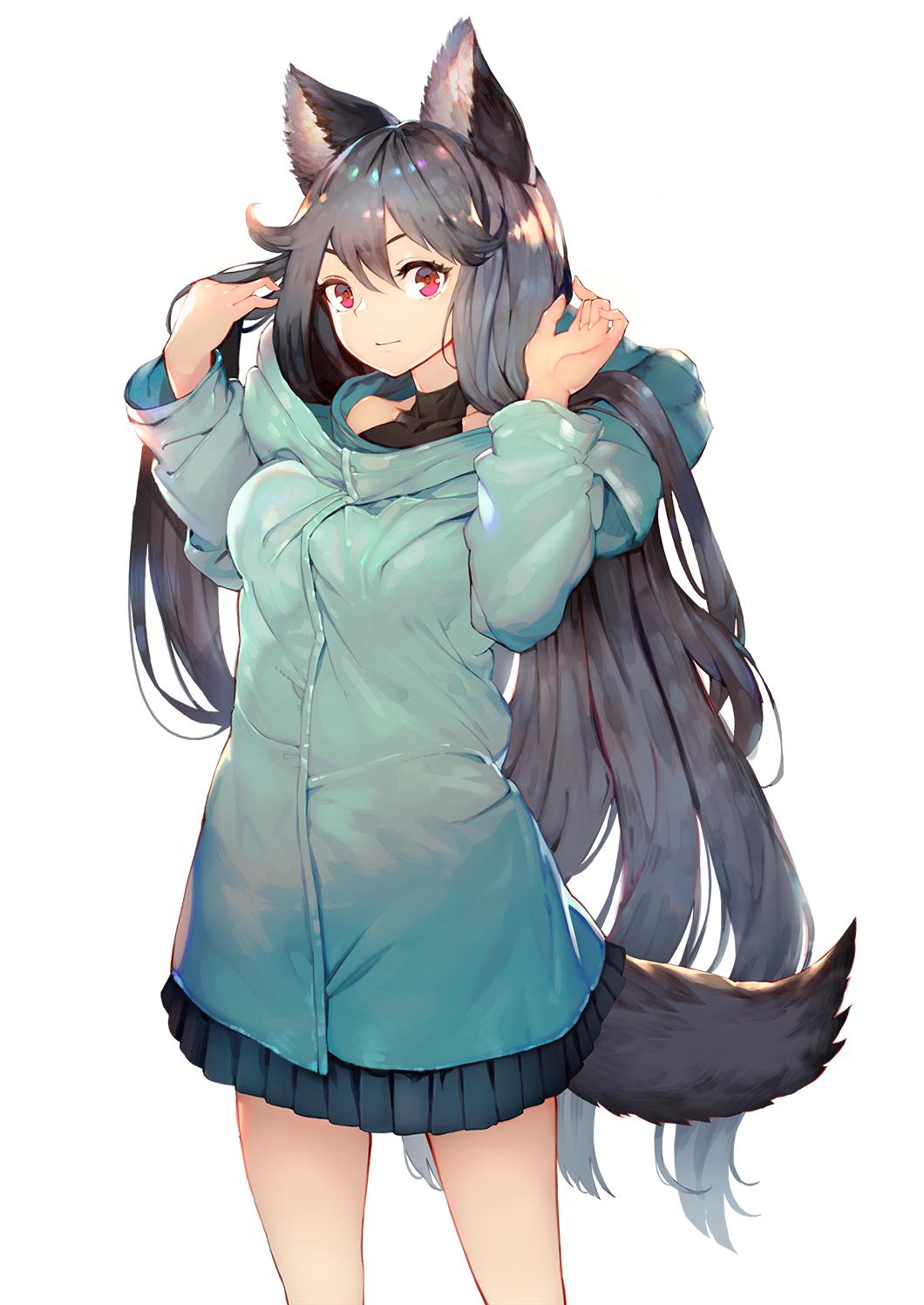 1girl alternate_costume animal_ears aqua_jacket bangs black_hair black_skirt breasts casual collarbone commentary_request contemporary cowboy_shot hair_between_eyes hands_up highres hood hooded_jacket imaizumi_kagerou jacket long_hair long_sleeves looking_at_viewer medium_breasts miniskirt onion_(onion_and_pi-natto) pleated_skirt red_eyes simple_background skirt smile solo standing tail thighs touhou very_long_hair white_background wolf_ears wolf_tail