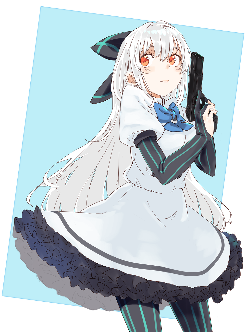 1girl aqua_background black_legwear blue_bow blue_stripes bow brooch closed_mouth commentary_request cowboy_shot dress elbow_gloves facing_viewer frilled_dress frills girls_frontline gloves gun hair_bow handgun hands_up highres holding holding_gun holding_weapon jewelry juliet_sleeves long_hair long_sleeves looking_to_the_side masshigura pantyhose partly_fingerless_gloves puffy_sleeves red_eyes short_sleeves simple_background solo striped striped_bow striped_legwear tokarev_(girls_frontline) tokarev_tt-33 trigger_discipline vertical-striped_gloves vertical-striped_legwear vertical_stripes very_long_hair weapon white_background white_dress white_hair