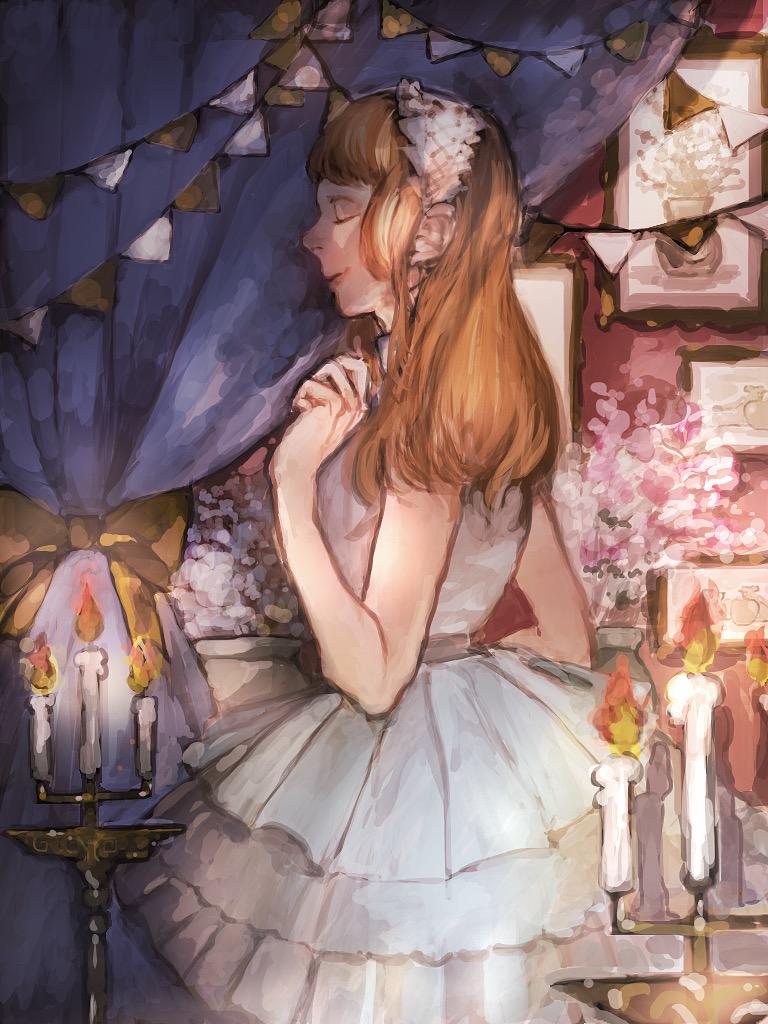 1girl arm_up asuta_(syunsn) brown_hair candle candlestand closed_eyes commentary_request dress fire flame from_side grey_dress long_hair original pleated_dress profile short_sleeves string_of_flags