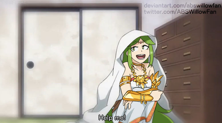 1girl abswillowfan blanket boku_no_hero_academia chest_of_drawers dress green_hair jewelry kid_icarus looking_back necklace nintendo open_mouth palutena parody smile solo squatting white_dress