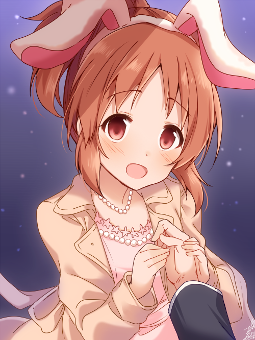 1girl :d abe_nana animal_ears blush brown_coat brown_hair coat dress fake_animal_ears fingernails hairband head_tilt high_ponytail holding_hand idolmaster idolmaster_cinderella_girls jewelry long_sleeves necklace omuretsu open_clothes open_coat open_mouth out_of_frame pearl_necklace pink_dress ponytail rabbit_ears red_eyes sidelocks signature sleeves_past_wrists smile solo_focus white_hairband