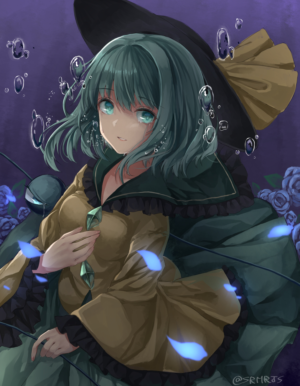 1girl air_bubble aqua_eyes black_headwear blue_background blue_flower blue_rose breasts bubble commentary_request crying crying_with_eyes_open eyebrows_visible_through_hair flower frilled_sleeves frills green_hair green_skirt hand_on_own_chest hat hat_ribbon highres komeiji_koishi long_sleeves looking_at_viewer medium_breasts parted_lips petals ribbon rose shiromoru_(yozakura_rety) shirt short_hair skirt solo tears third_eye touhou twitter_username underwater yellow_shirt