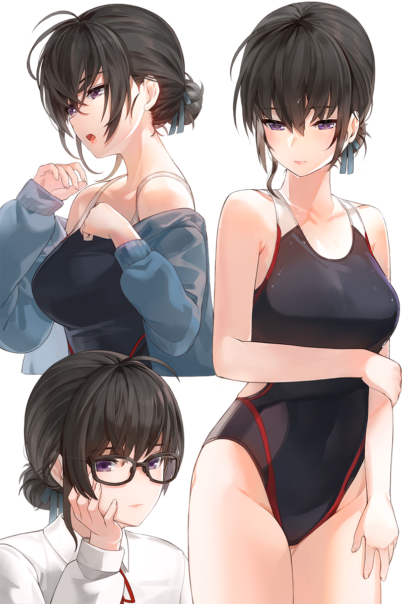 1girl :o ahoge bangs bare_shoulders black-framed_eyewear black_hair black_ribbon black_swimsuit blue_jacket blush breasts closed_mouth collarbone collared_shirt commentary_request competition_swimsuit covered_navel cowboy_shot expressionless eyebrows_visible_through_hair glasses hair_bun hair_ribbon hand_on_own_cheek highres jacket kfr long_sleeves looking_at_viewer looking_away looking_down medium_breasts multiple_views off_shoulder one-piece_swimsuit open_clothes open_jacket open_mouth original ribbon shirt simple_background skin_tight sleeves_past_wrists swimsuit violet_eyes water white_background white_shirt