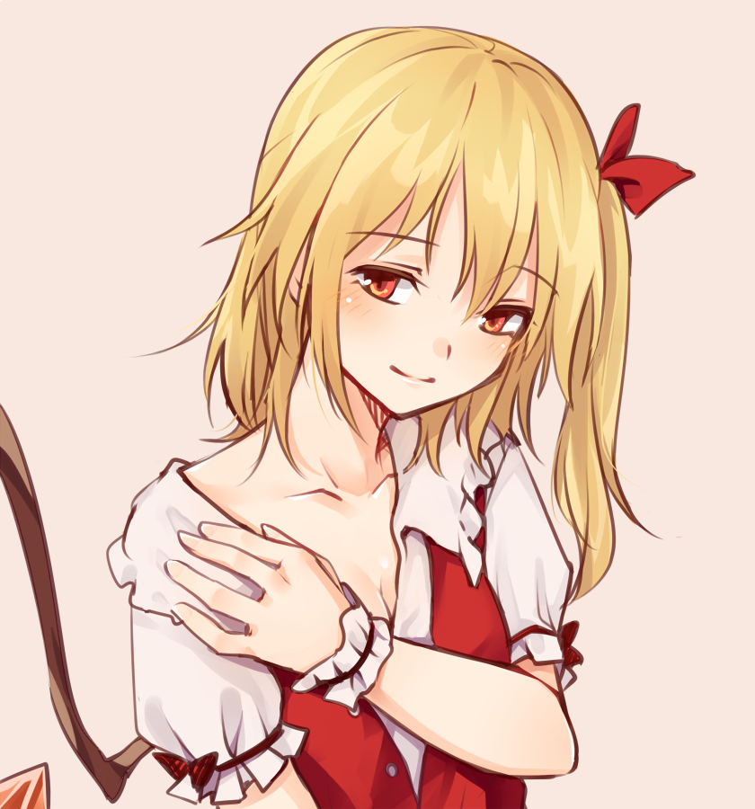 1girl bangs beige_background blonde_hair blush breasts cleavage collarbone commentary_request crystal eyebrows_visible_through_hair flandre_scarlet frilled_shirt_collar frills hair_between_eyes hair_ribbon long_hair looking_at_viewer miyo_(ranthath) no_hat no_headwear one_side_up puffy_short_sleeves puffy_sleeves red_eyes red_ribbon red_vest ribbon shirt short_sleeves simple_background small_breasts smile solo touhou upper_body vest white_shirt wings wrist_cuffs