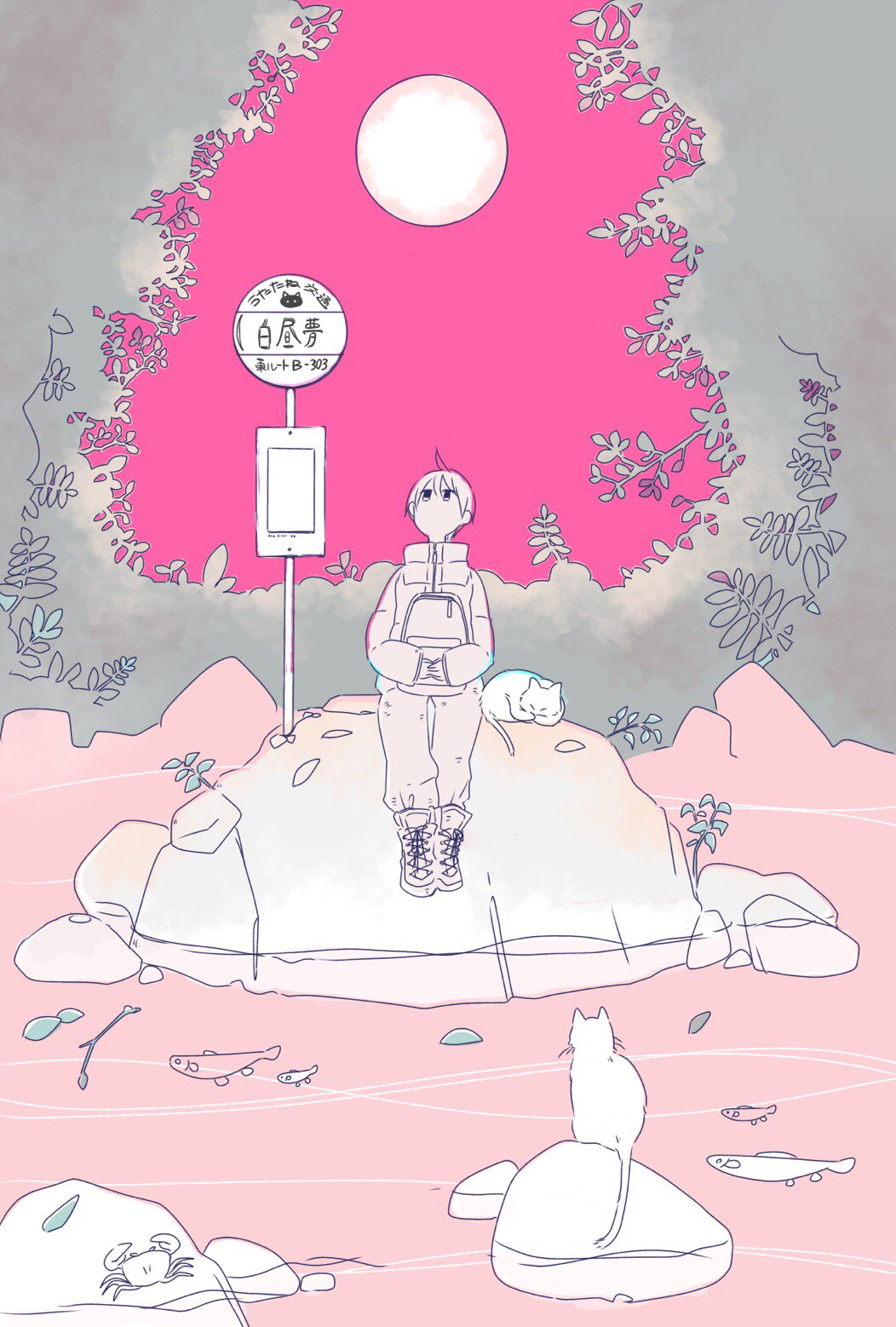 androgynous bag cat crab fish hair_between_eyes high_collar highres holding holding_bag leaf limited_palette long_sleeves looking_up no_mouth no_nose original pants pink_sky plant shoes sign sitting sitting_on_rock solo white_cat yonoko_k