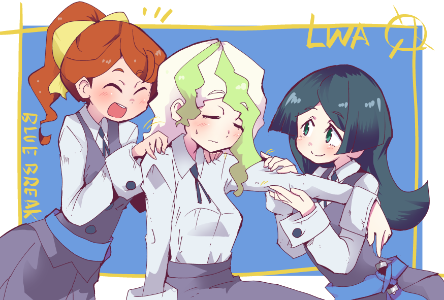 3girls barbara_parker black_hair black_skirt black_vest blush breasts brown_hair closed_eyes collared_shirt diana_cavendish eyebrows_visible_through_hair green_hair hands_on_another's_shoulders hanna_england hys-d light_green_hair little_witch_academia long_hair long_sleeves luna_nova_school_uniform massage multicolored_hair multiple_girls open_mouth ponytail school_uniform shirt shirt_tucked_in skirt smile two-tone_hair vest white_shirt witch