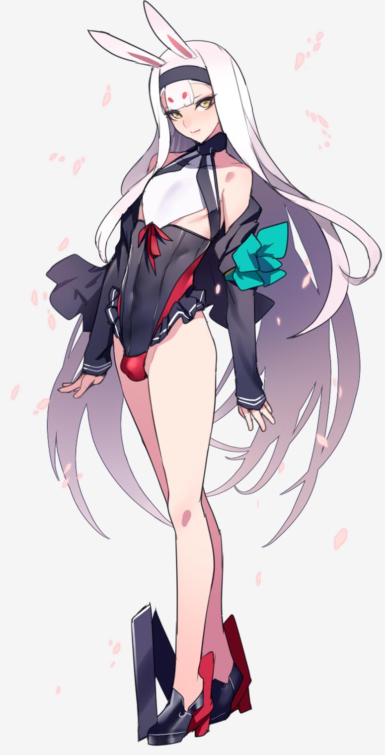animal_ears armband ban bare_shoulders bulge collarbone covered_navel eyebrows_visible_through_hair frills full_body hairband halterneck highres long_hair looking_at_viewer looking_to_the_side original rabbit_ears silver_hair standing thick_eyebrows wind yellow_eyes