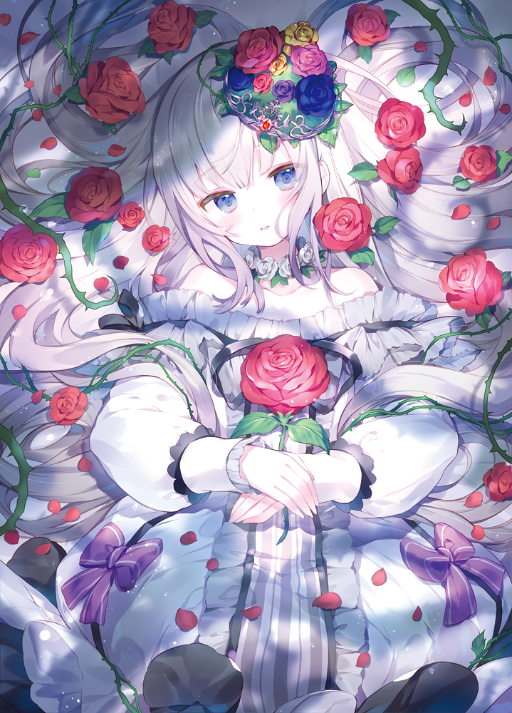 1girl blue_eyes blush bow breasts choker collarbone dress eyebrows_visible_through_hair flower hair_flower hair_ornament hands_together holding holding_flower ibara_riato long_hair long_sleeves looking_at_viewer lying off-shoulder_dress off_shoulder on_back open_mouth original red_flower red_rose rose solo thorns very_long_hair white_hair