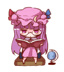 1girl bangs barefoot bespectacled blue_ribbon blunt_bangs book chibi commentary_request crescent crescent_hair_ornament dress full_body glasses globe hair_ornament hat hat_ribbon holding holding_book jitome long_hair lowres mob_cap patchouli_knowledge purple_dress purple_hair purple_headwear red_ribbon ribbon simple_background sitting snozaki solo touhou very_long_hair violet_eyes white_background
