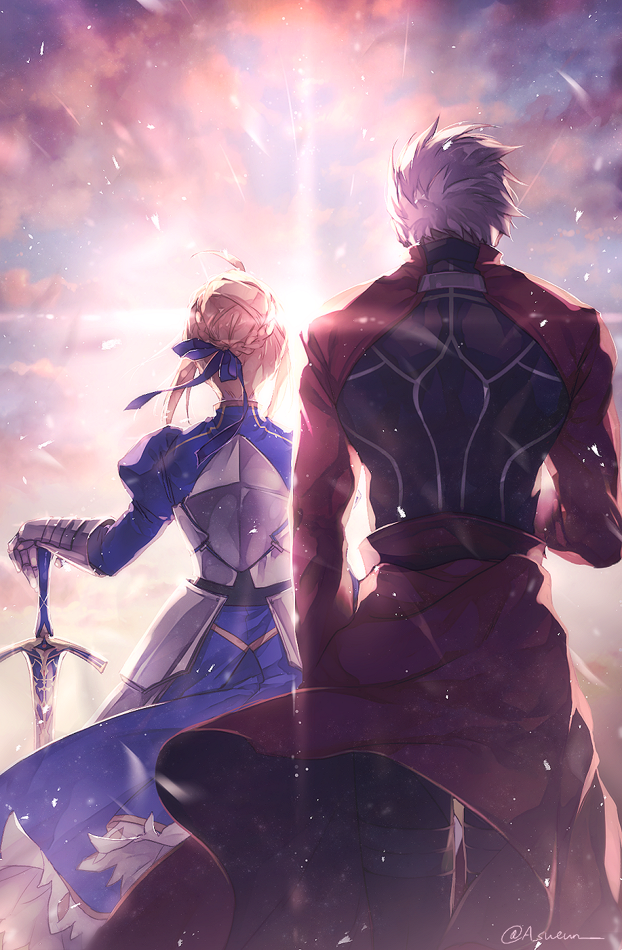 1boy 1girl ahoge archer armor armored_dress artoria_pendragon_(all) back black_pants blonde_hair caliburn commentary facing_away fate/stay_night fate_(series) from_behind gloves h_sueun highres holding holding_sword holding_weapon jacket light pants red_jacket saber short_hair sunlight sunrise sword weapon white_hair