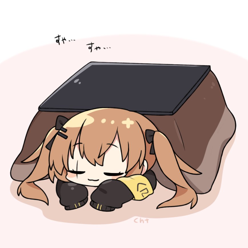 1girl :3 armband bangs black_jacket blush_stickers brown_hair chibi closed_eyes dokumi eyebrows_visible_through_hair girls_frontline hair_ornament hair_ribbon hairclip jacket kotatsu lying on_stomach pink_background ribbon sleeping solo table twintails ump9_(girls_frontline) white_background