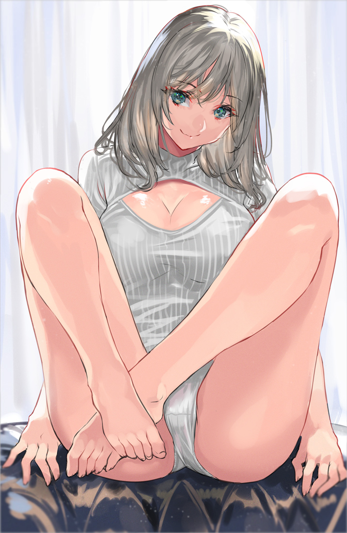 1girl ass bangs barefoot blush breasts cleavage cleavage_cutout closed_mouth feet green_eyes grey_hair hair_between_eyes large_breasts legs leotard long_hair long_sleeves looking_at_viewer meme_attire open-chest_sweater original ran'ou_(tamago_no_kimi) ribbed_sweater smile solo sweater thighs white_sweater