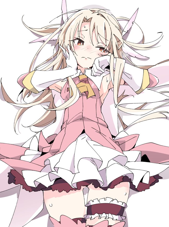 1girl ascot blonde_hair blush brown_eyes closed_mouth eyebrows_visible_through_hair fate/kaleid_liner_prisma_illya fate_(series) feathers frilled_skirt frills gloves illyasviel_von_einzbern ixy leg_garter long_hair looking_to_the_side magical_girl simple_background skirt solo sweat white_background white_gloves white_skirt yellow_neckwear