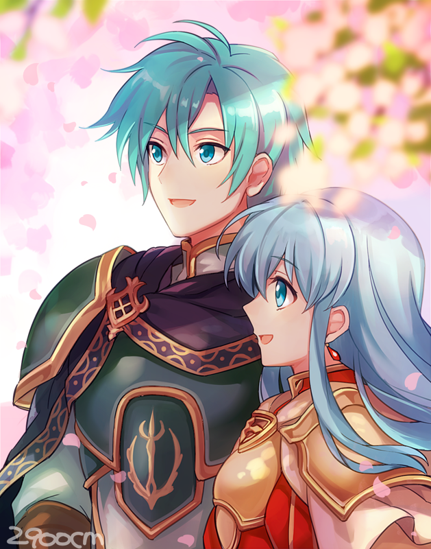 1boy 1girl 2900cm aqua_hair armor blue_eyes blue_hair blush breastplate brother_and_sister cape cherry_blossoms eirika ephraim fire_emblem fire_emblem:_seima_no_kouseki gloves green_hair intelligent_systems jewelry long_hair nintendo open_mouth red_gloves short_hair siblings smile