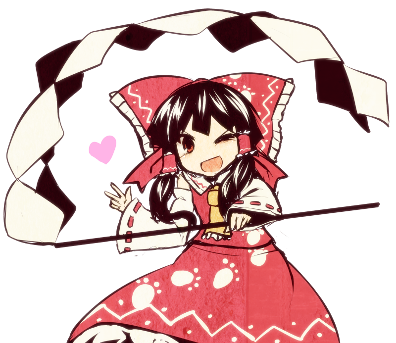 1girl black_hair commentary_request detached_sleeves dress gohei hair_ornament hair_ribbon hakurei_reimu heart kuresento one_eye_closed open_mouth paw_print_pattern red_dress red_ribbon ribbon touhou