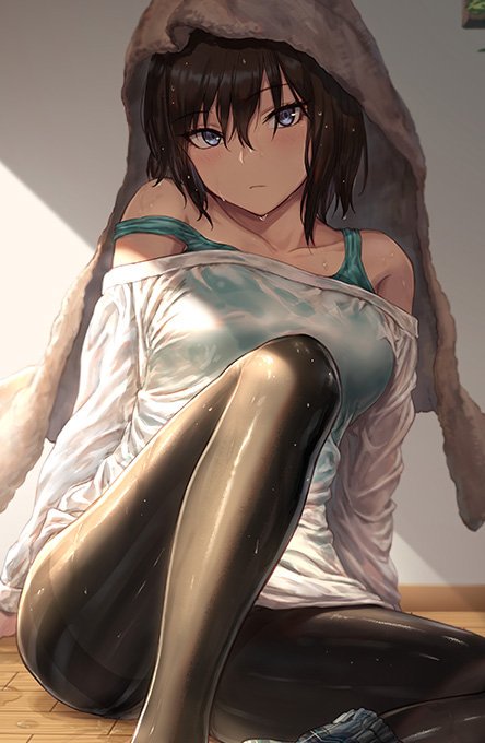 1girl aqua_bra arm_support bangs black_hair black_legwear blouse blue_eyes blush bra breasts collarbone expressionless guchico head_tilt knee_up large_breasts long_hair long_sleeves looking_at_viewer off-shoulder_blouse original pantyhose shade sidelocks sitting skirt skirt_around_one_leg solo strap_slip thighband_pantyhose towel towel_on_head tsurime underwear wet wet_clothes white_blouse