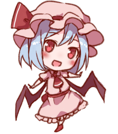 1girl :d ascot bangs bat_wings blue_hair blush commentary_request dress eyebrows_visible_through_hair full_body hat hat_ribbon head_tilt looking_at_viewer lowres mob_cap open_mouth outstretched_arms pink_dress pink_headwear red_eyes red_footwear red_neckwear red_ribbon red_sash remilia_scarlet ribbon sash shoes short_hair simple_background smile snozaki solo standing touhou white_background wings