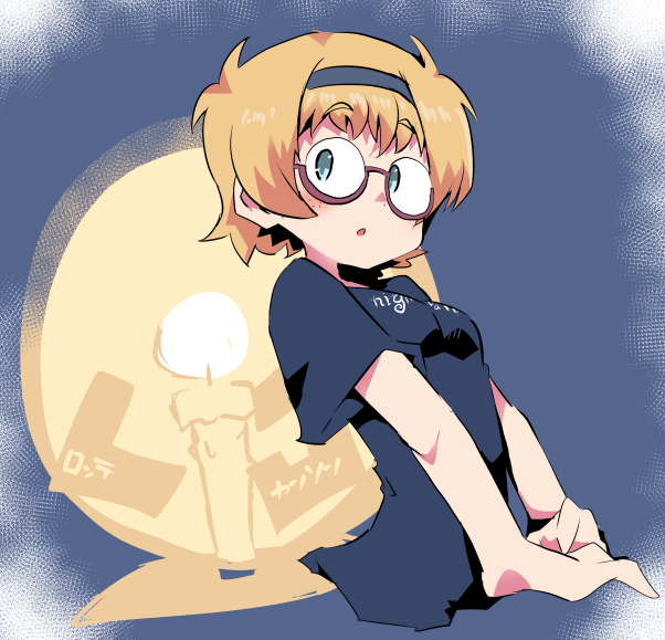 1girl aqua_eyes black_shirt blonde_hair blush breasts candle cropped_torso eyebrows_visible_through_hair freckles glasses glowing hairband hys-d little_witch_academia lotte_jansson parted_lips print_shirt round_eyewear semi-rimless_eyewear shirt short_hair short_sleeves small_breasts solo under-rim_eyewear upper_body