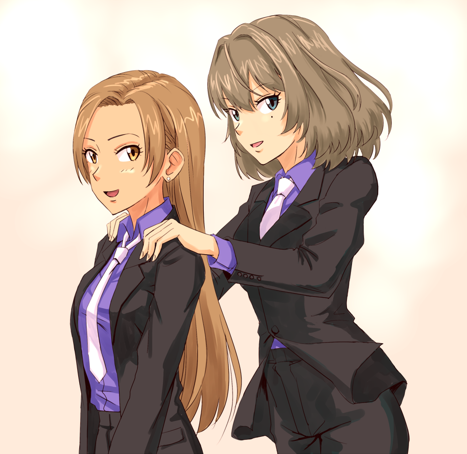 2girls :d anbj black_jacket black_pants blue_eyes brown_eyes brown_hair collared_shirt dress_shirt hands_on_another's_shoulder idolmaster idolmaster_cinderella_girls jacket long_hair long_sleeves looking_at_viewer matsunaga_ryou mole mole_under_eye multiple_girls necktie open_clothes open_jacket open_mouth pants purple_shirt shirt short_hair smile standing takagaki_kaede white_background white_neckwear wing_collar