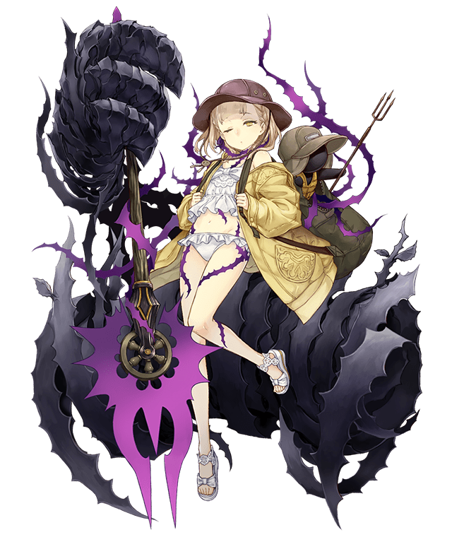 1girl backpack bag blonde_hair briar_rose_(sinoalice) flat_chest frills full_body giant_hand hat hip_bones jacket ji_no looking_at_viewer navel off_shoulder official_art one_eye_closed polearm ribbon sandals sinoalice solo stuffed_toy swimsuit tattoo thorns transparent_background trident weapon yellow_eyes