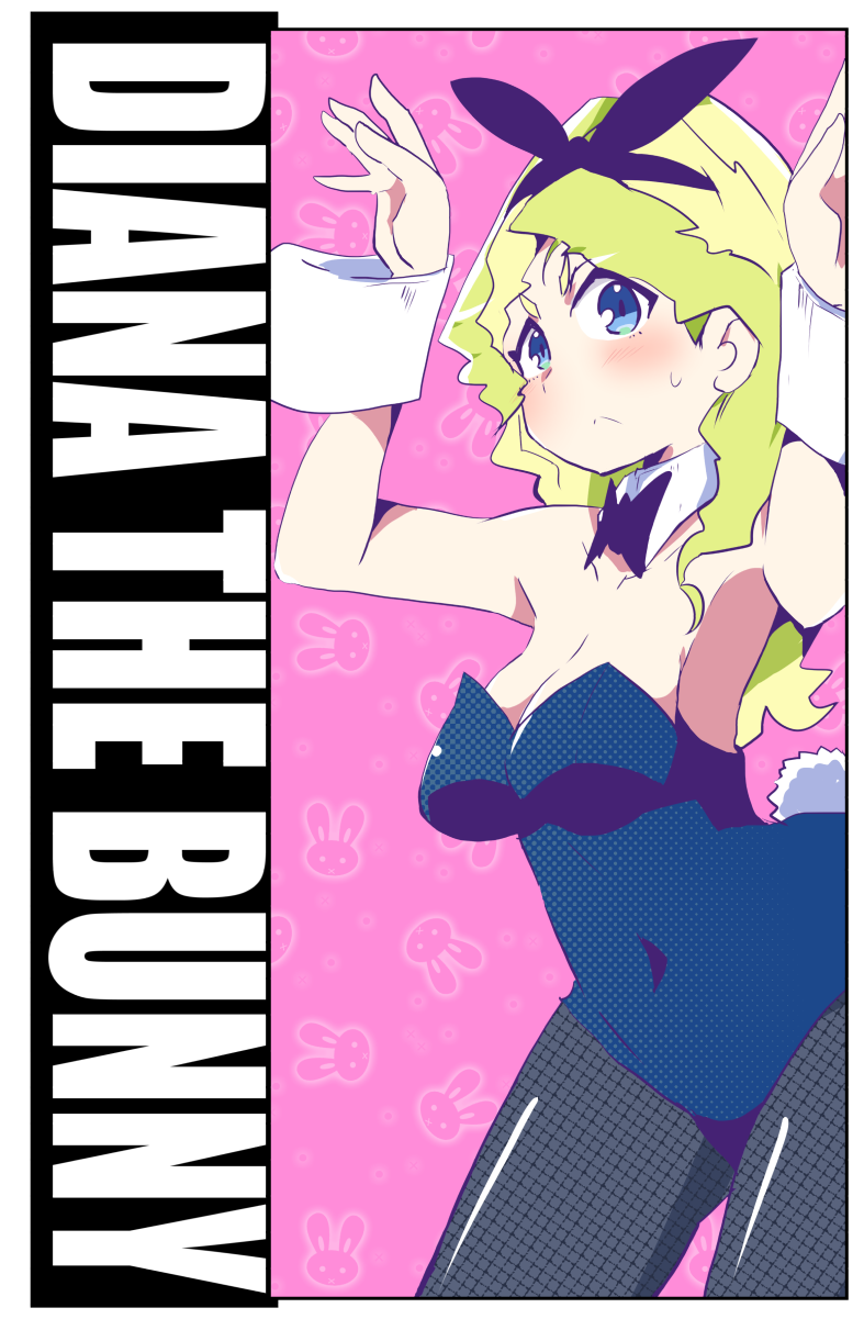 1girl blue_eyes blue_leotard blush bow bowtie breasts bunny_tail bunnysuit character_name cleavage covered_navel cowboy_shot detached_collar diana_cavendish fishnet_pantyhose fishnets hairband hands_up highres hys-d leotard light_green_hair little_witch_academia medium_breasts multicolored_hair pantyhose solo strapless strapless_leotard sweatdrop tail two-tone_hair wrist_cuffs