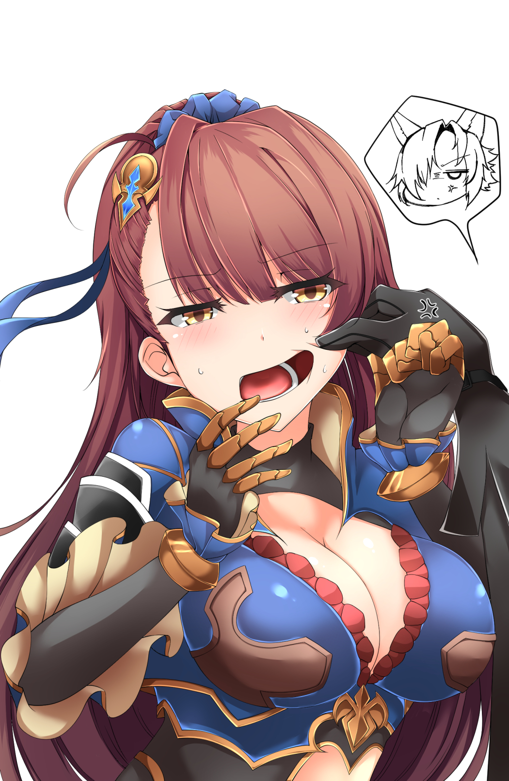 1girl anger_vein asymmetrical_bangs bangs beatrix_(granblue_fantasy) black_gloves blue_ribbon blue_scrunchie blush breasts brown_hair bustier center_opening cheek_pinching cleavage eustace_(granblue_fantasy) eyebrows_visible_through_hair frills gloves granblue_fantasy hair_ornament hair_ribbon hair_scrunchie hairclip highres kapibara_(mc0314) large_breasts long_hair looking_at_viewer open_mouth pinching ponytail ribbon scrunchie simple_background solo_focus speech_bubble sweat very_long_hair white_background yellow_eyes
