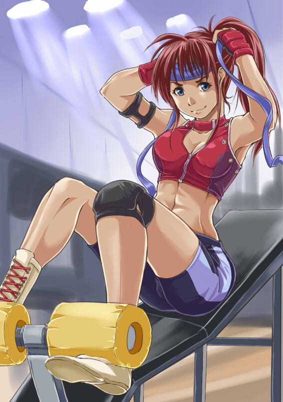 1girl abs arms_up blue_eyes blue_headband breasts brown_hair cleavage cross-laced_footwear full_body gloves headband indoors knee_pads long_hair looking_at_viewer medium_breasts midriff muscle muscular_female navel original ponytail red_gloves shorts sitting thighs tying_headband unkochan93 white_footwear