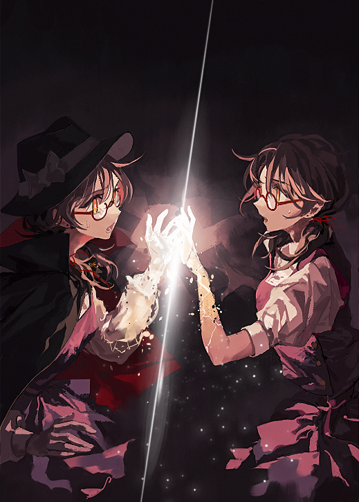 2girls brown_hair cape dark_background dual_persona glasses hat multiple_girls orange_eyes ouka_musci purple_skirt red-framed_eyewear school_uniform short_hair short_twintails skirt sweatdrop touching touhou twintails usami_sumireko